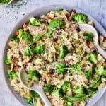 Close-up photo of Antipasto Pasta Broccoli Salad with Parmesan Herb Vinaigrette.