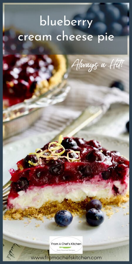 Blueberry cream cheese pie on white plate.