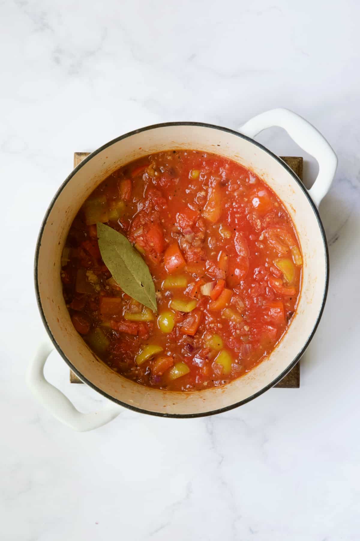 Process photo of ratatouille after being simmered.