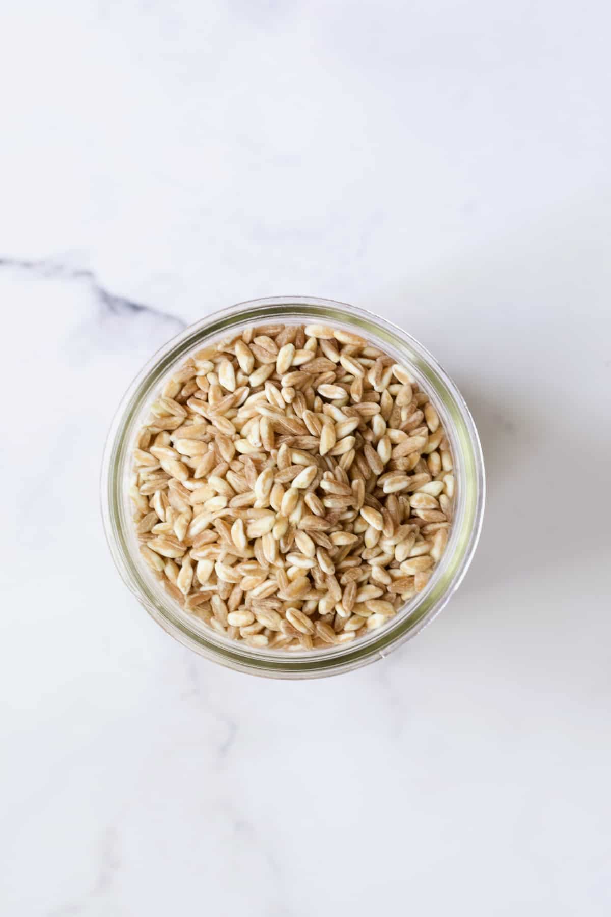 Uncooked farro in glass jar.