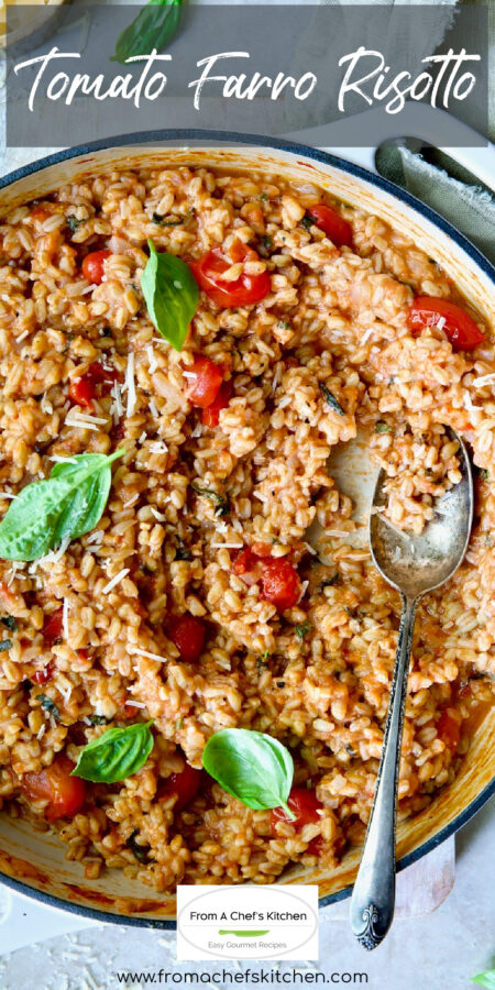 Pinterest graphic for Tomato Farro Risotto showing it in a round white enamel cast iron skillet.