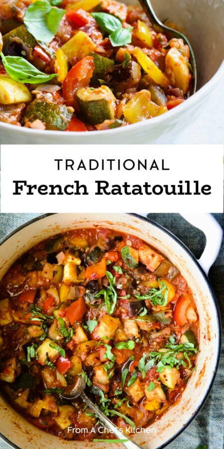 Pinterest graphic for Traditional French Ratatouille showing it in a white enamel cast iron Dutch oven and one serving in a white bowl.