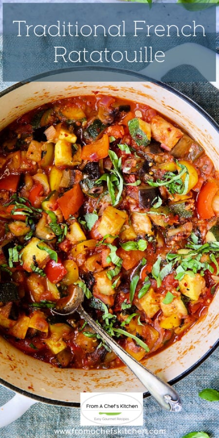 Pinterest graphic for Traditional French Ratatouille showing it in a white enamel cast iron Dutch oven.