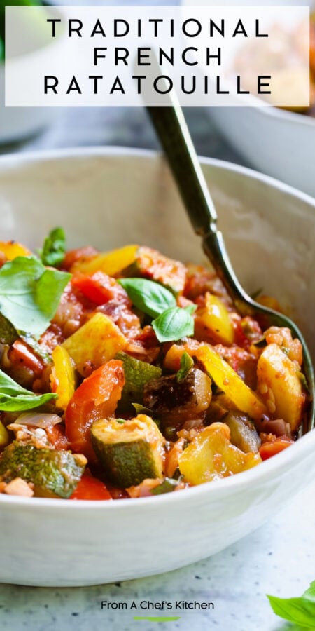 Pinterest graphic for Traditional French Ratatouille showing one serving in white bowl.