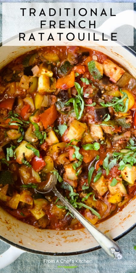 Pinterest graphic for Traditional French Ratatouille showing it in a white enamel cast iron Dutch oven.