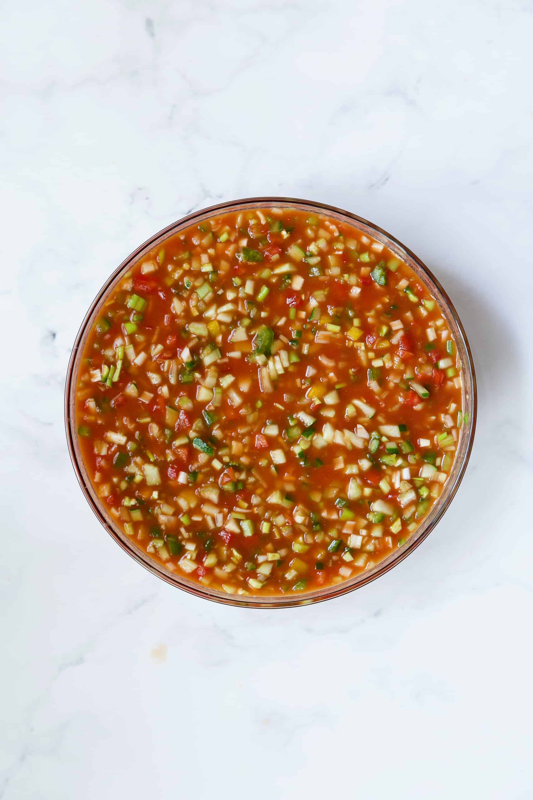 Gazpacho in glass bowl.