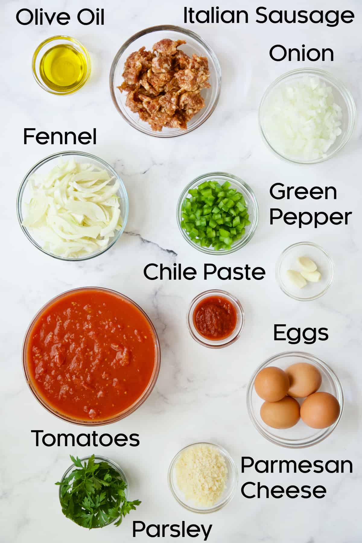 Ingredients for the recipe in glass bowls.
