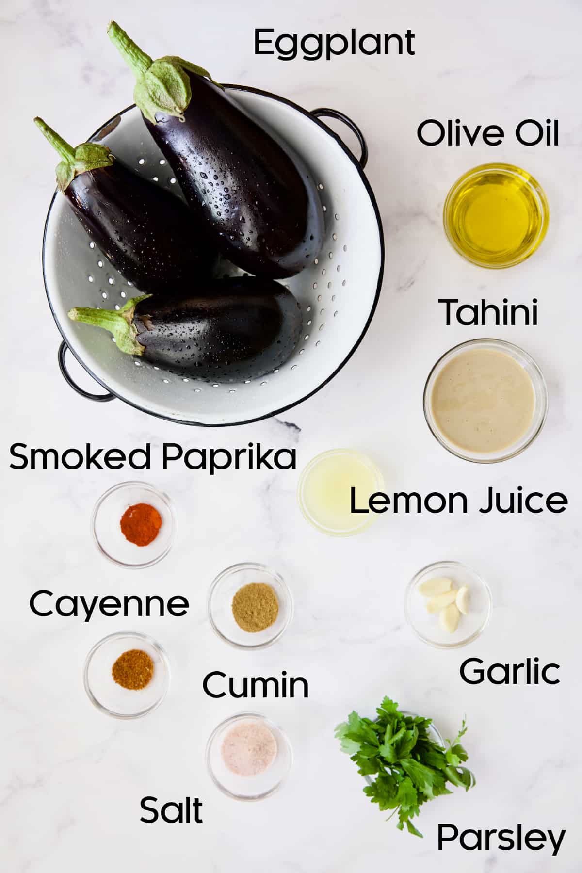 Ingredients for Loaded Roasted Eggplant Dip (Baba Ganoush).