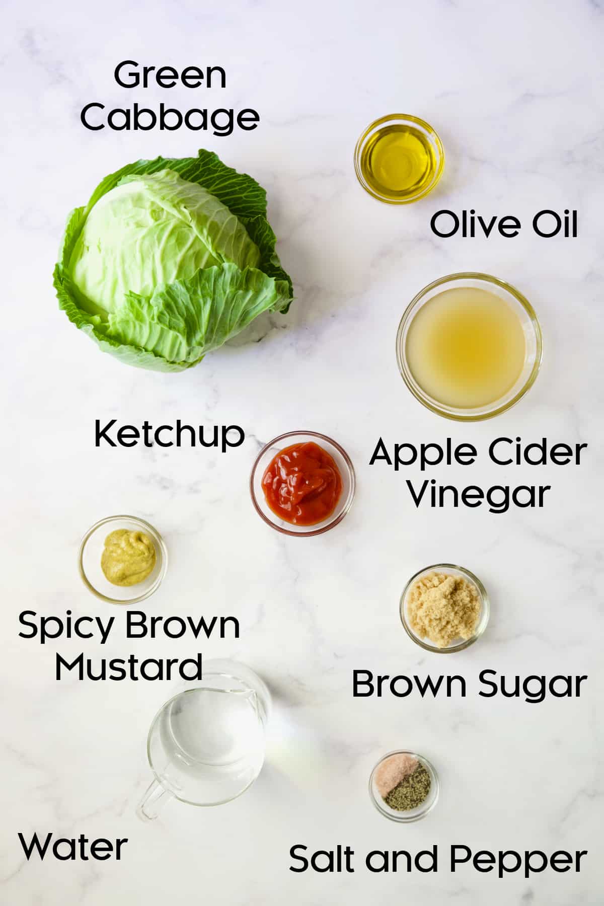 Ingredients for Cider Vinegar Braised Cabbage Wedges in glass bowls.