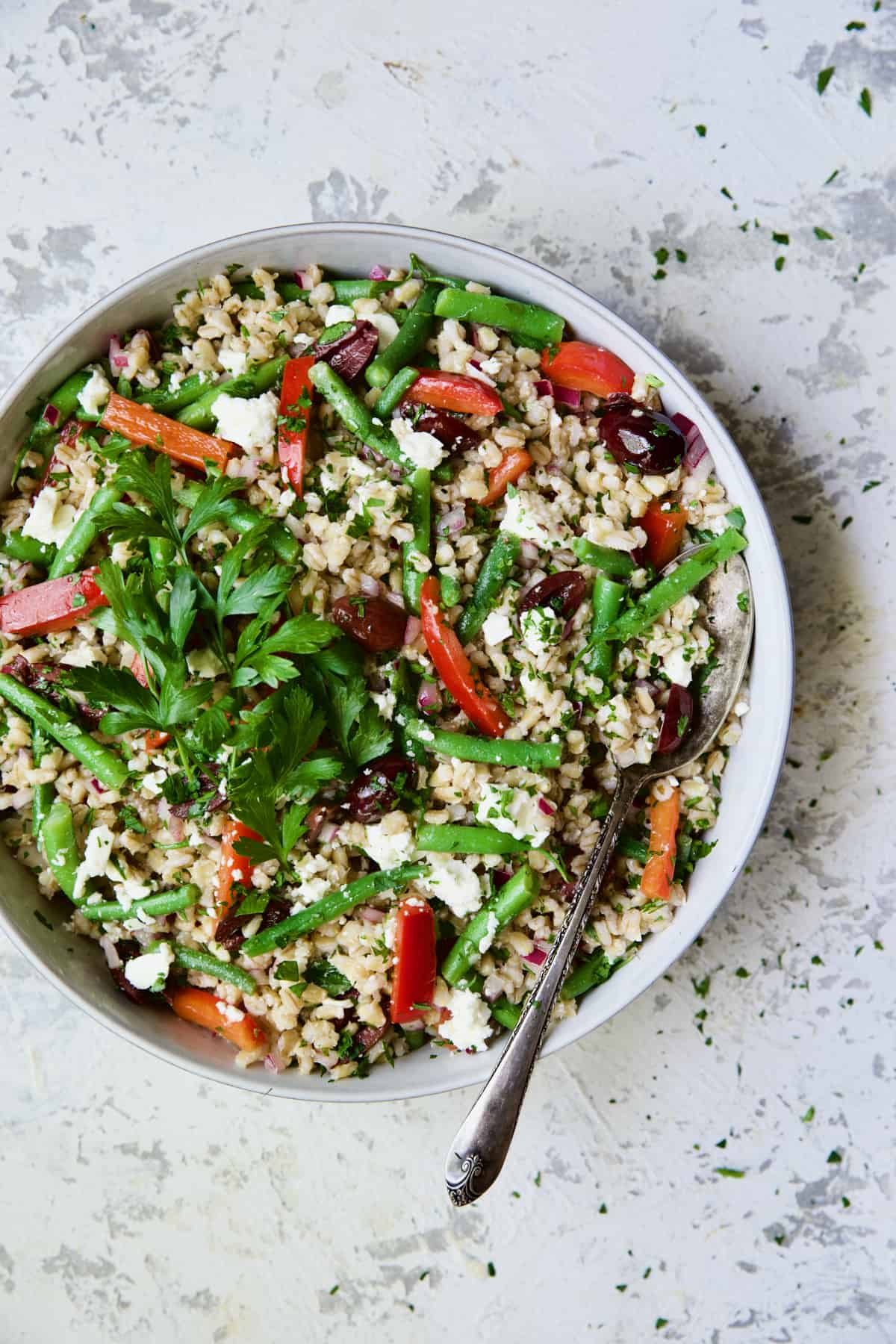 Mediterranean Barley Salad with Green Beans, Red Bell Pepper, Olives and Feta in serving bowl garnished with fresh parsley.