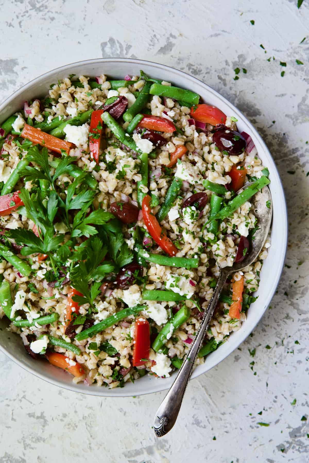 Mediterranean Barley Salad with Green Beans, Red Bell Pepper, Olives and Feta in serving bowl with serving spoon garnished with fresh parsley.