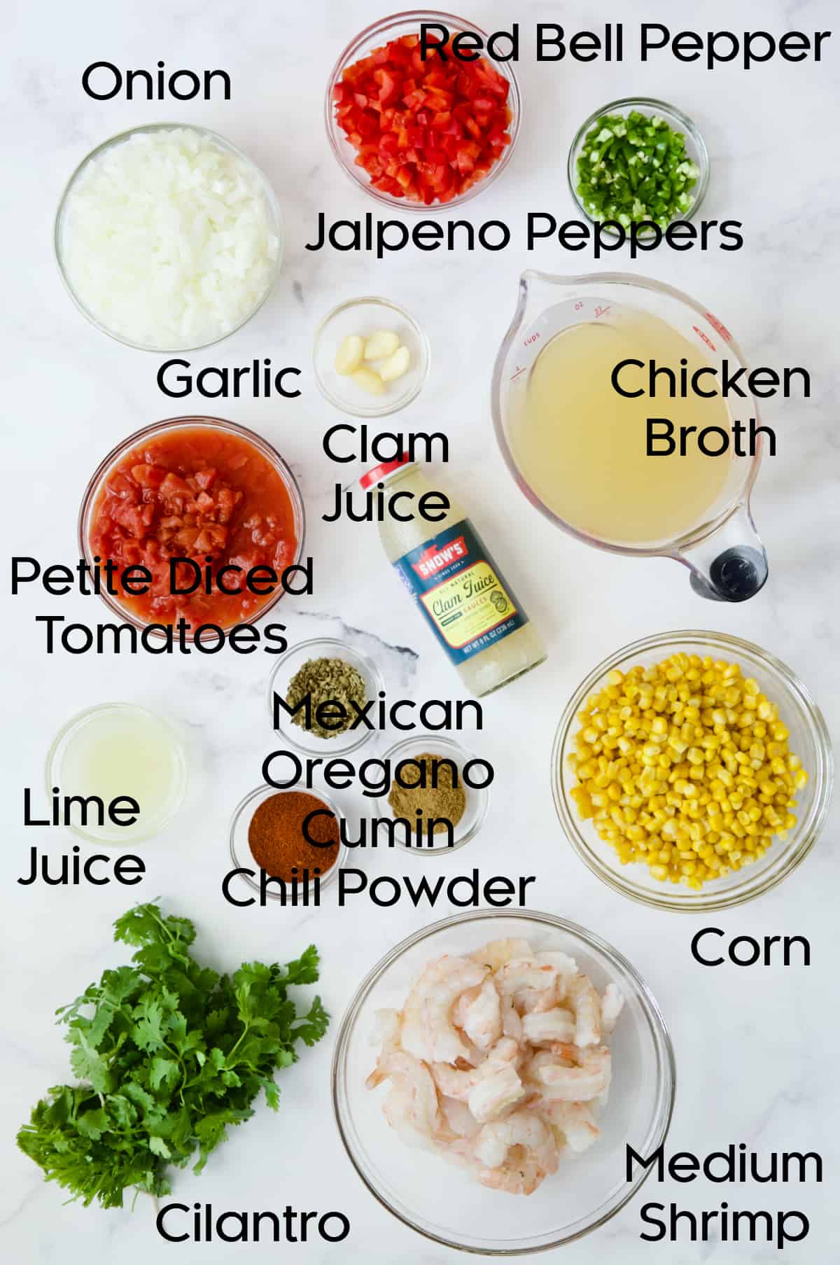 Ingredients for Shrimp and Corn Tortilla Soup in glass bowls.