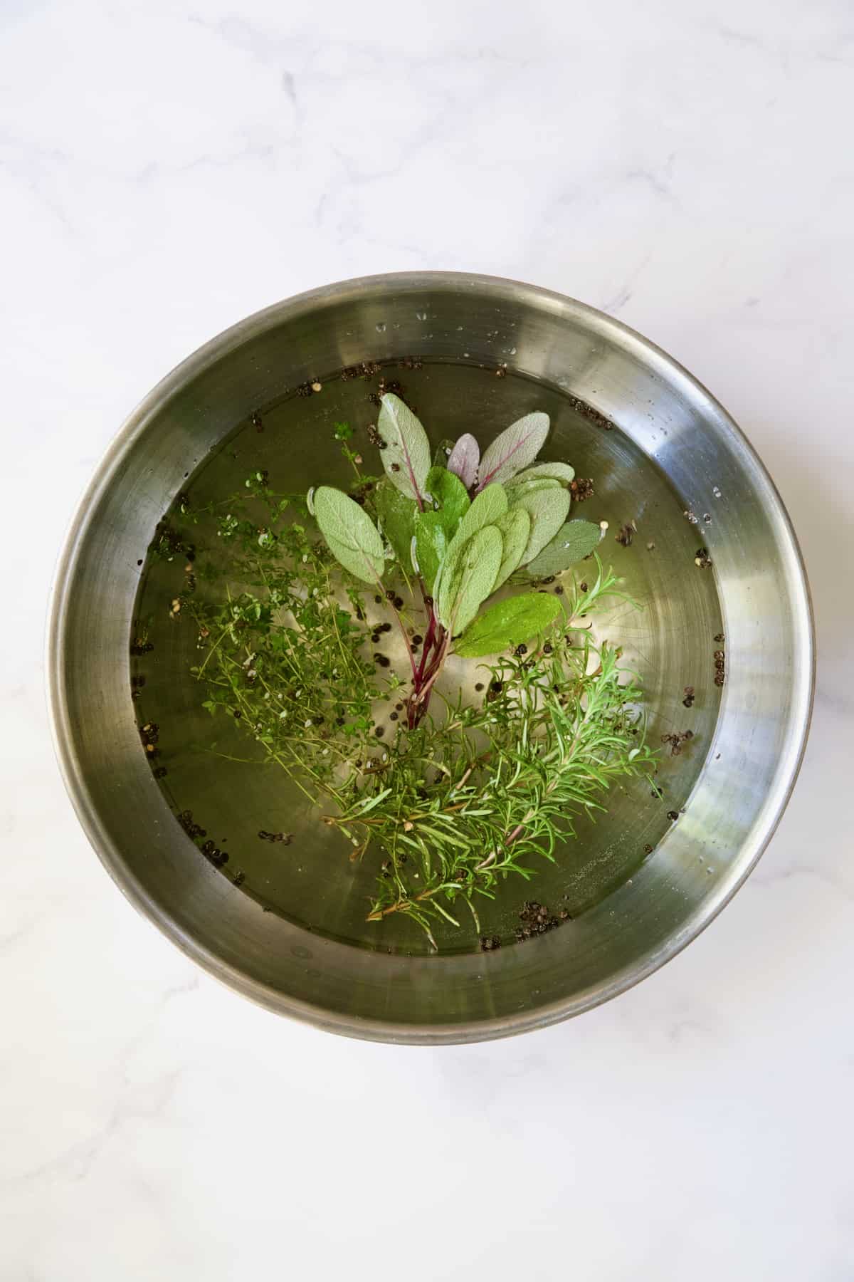 Easy Turkey Brine in stainless steel bowl.