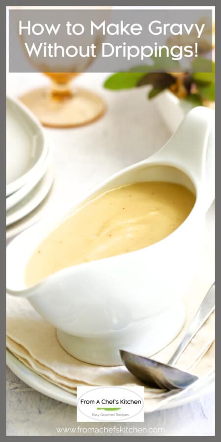 Chicken gravy in white gravy boat.