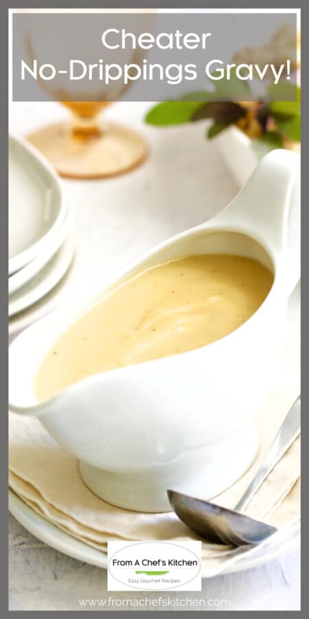 Chicken gravy in white gravy boat.