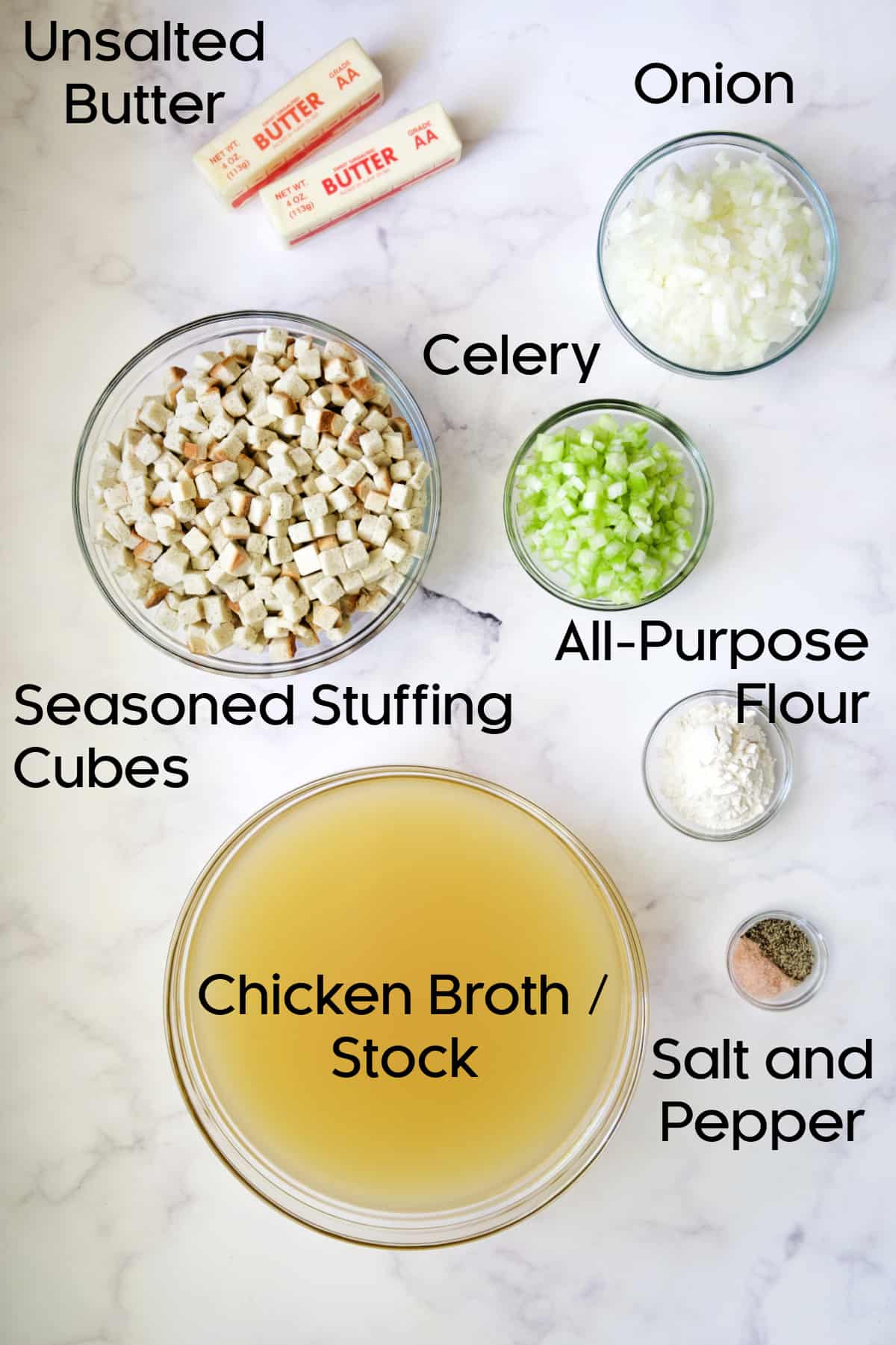 Ingredients for stuffing and gravy for Roast Turkey Breast with Traditional Stuffing