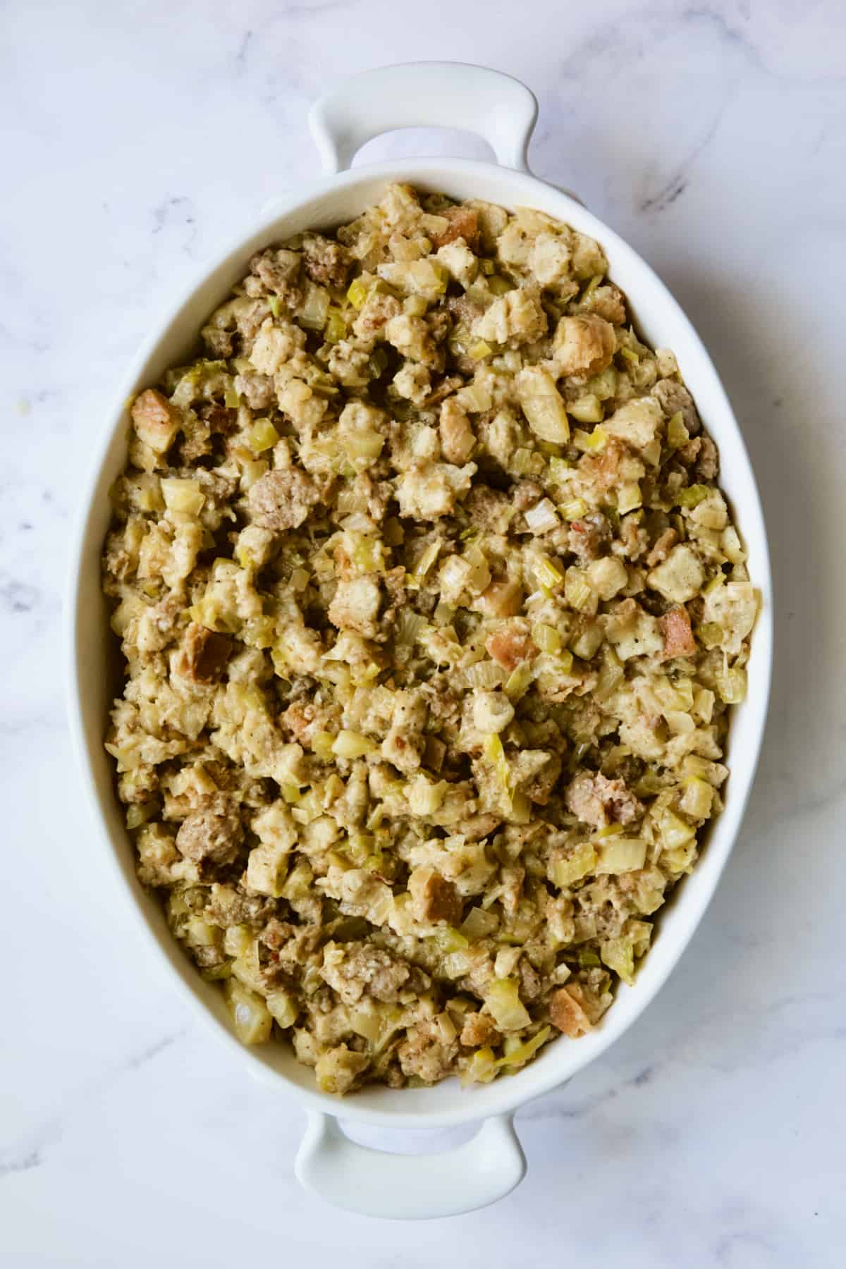 Sausage Stuffing with Fennel and Leeks before being baked.