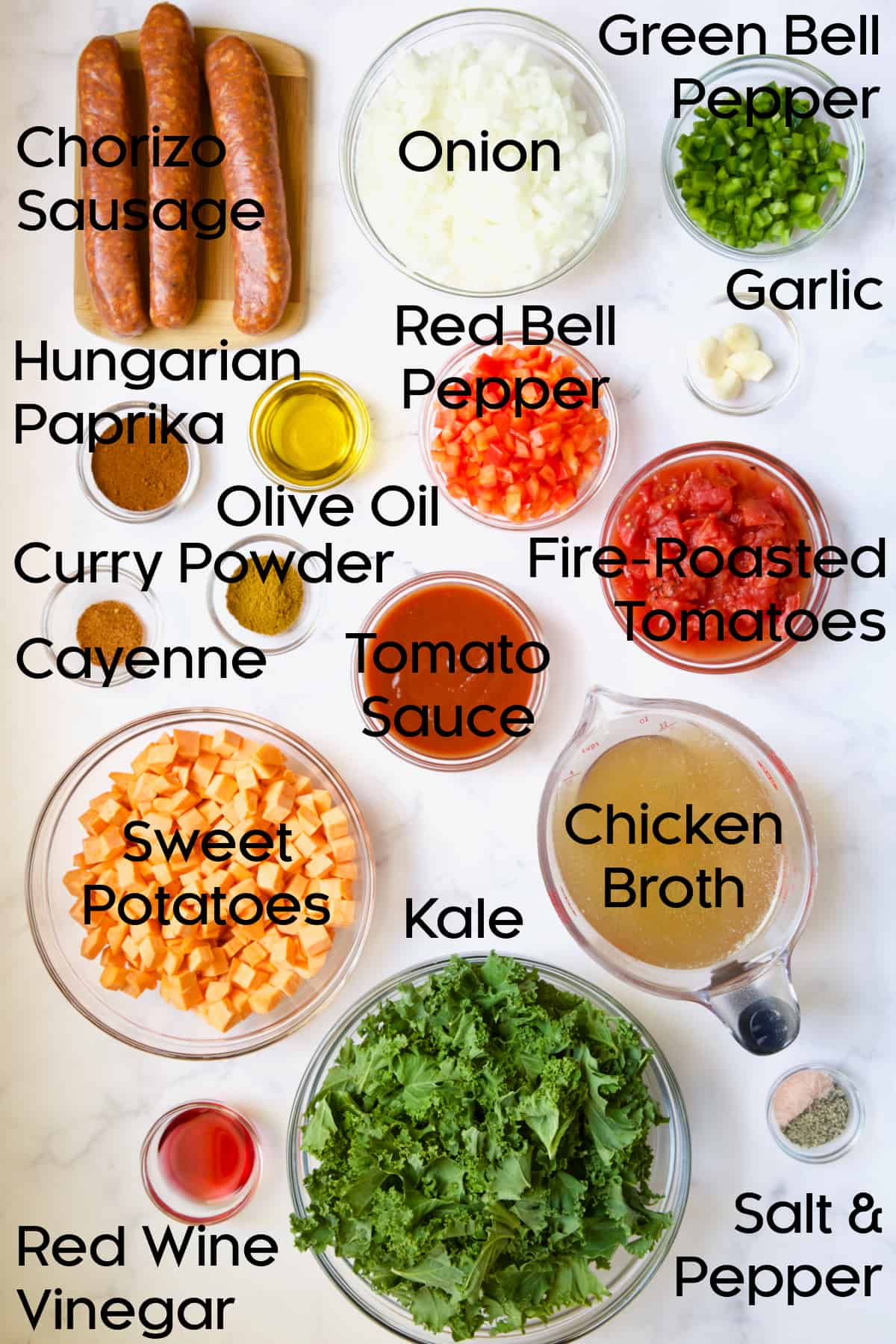 Ingredients for Chorizo Sweet Potato Stew with Kale.