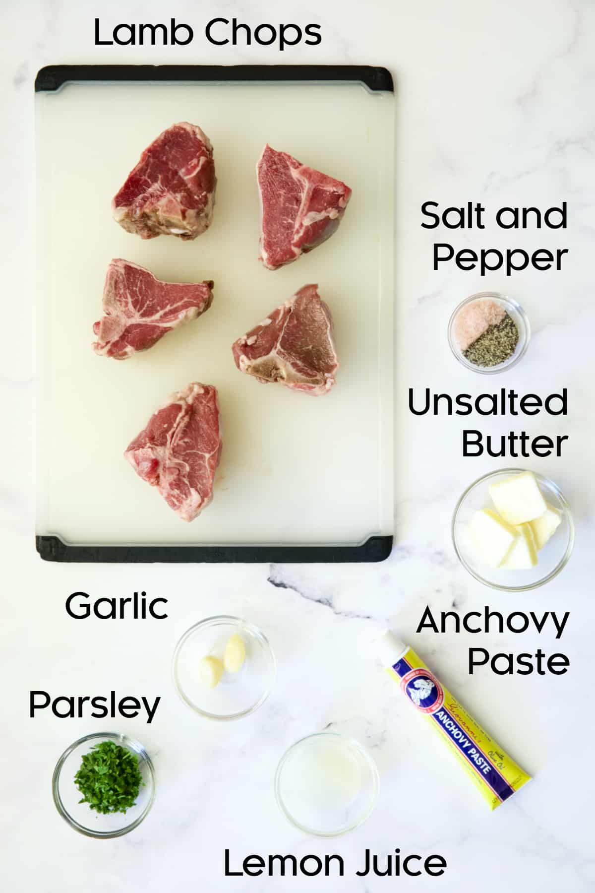 Ingredients for Seared Lamb Chops with Anchovy Butter.