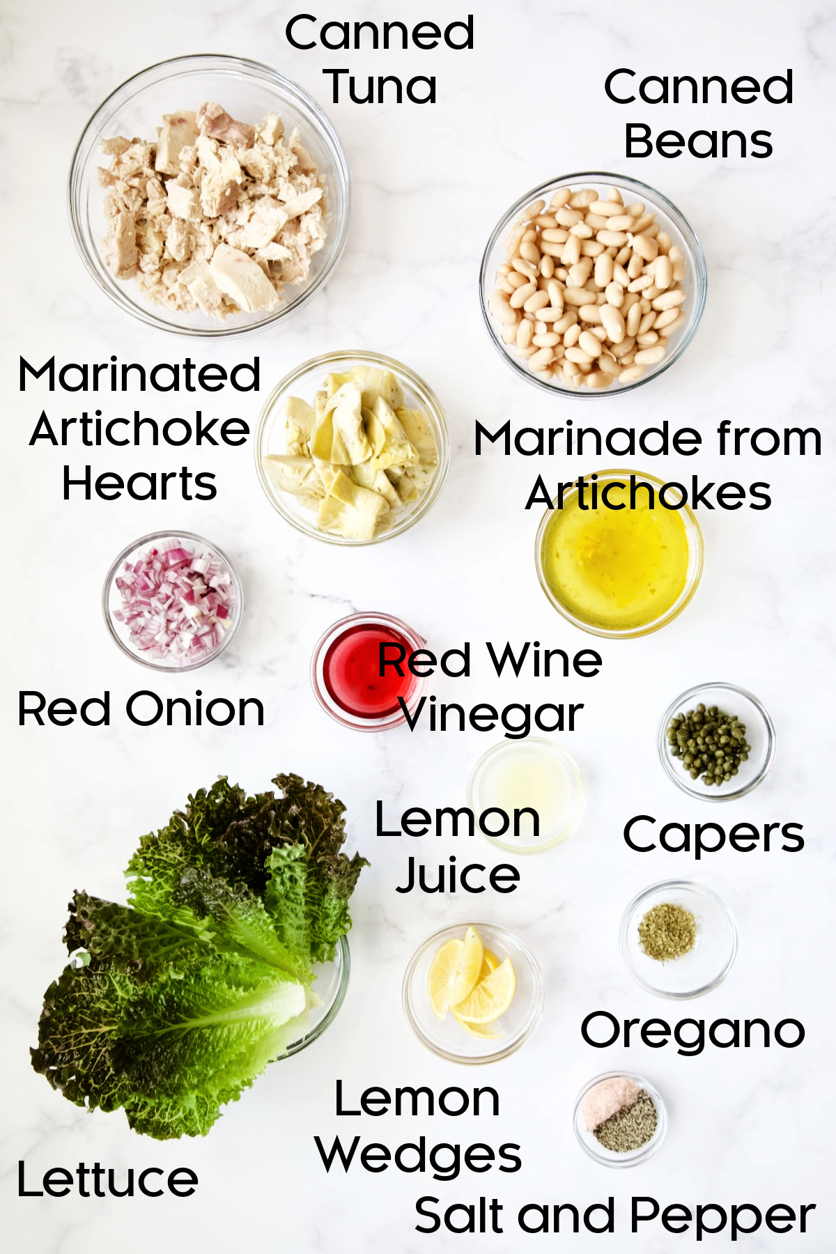 Ingredients in glass bowls.