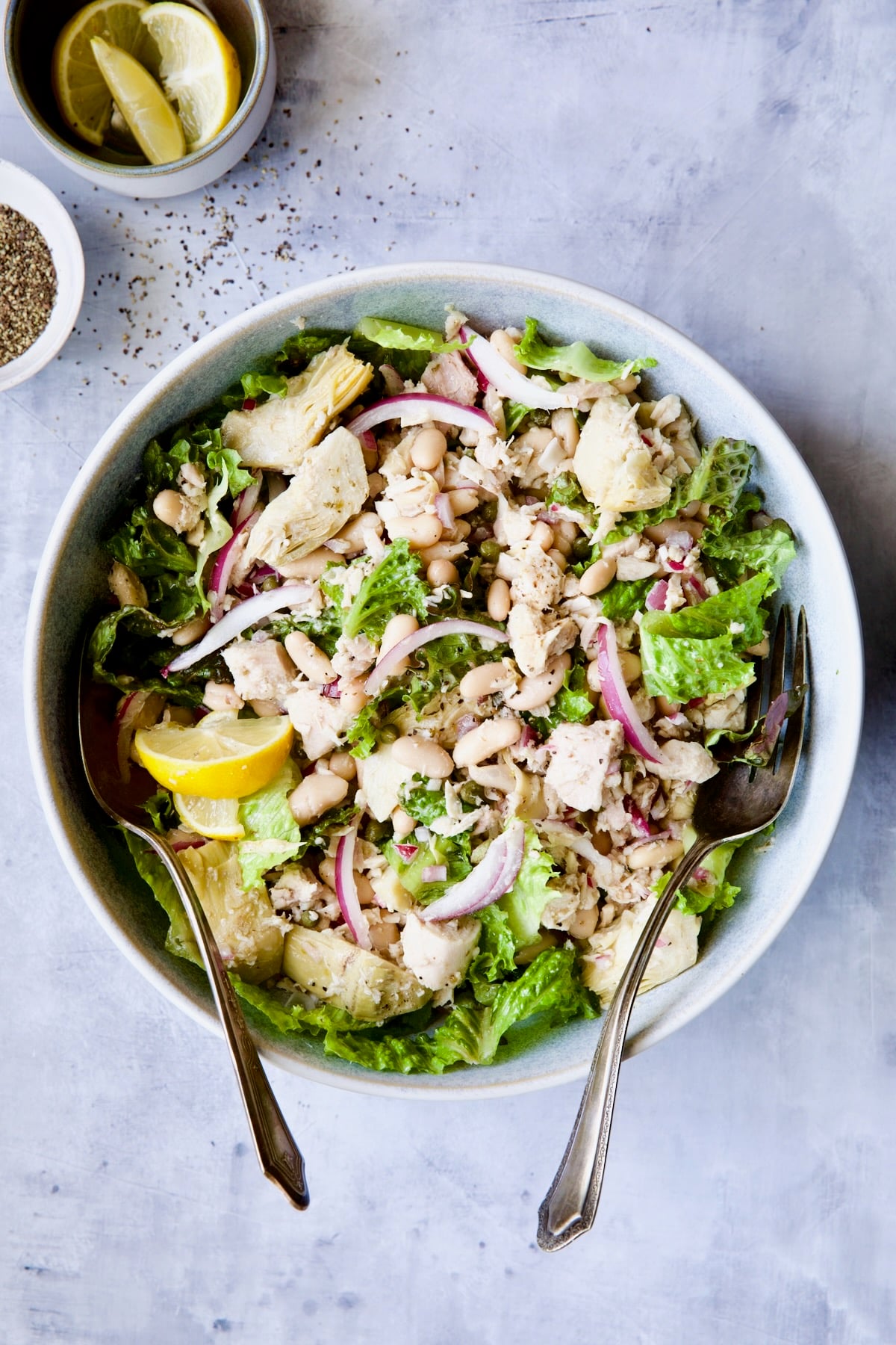 Tuna, White Bean and Artichoke Salad in serving bowl on blue background.