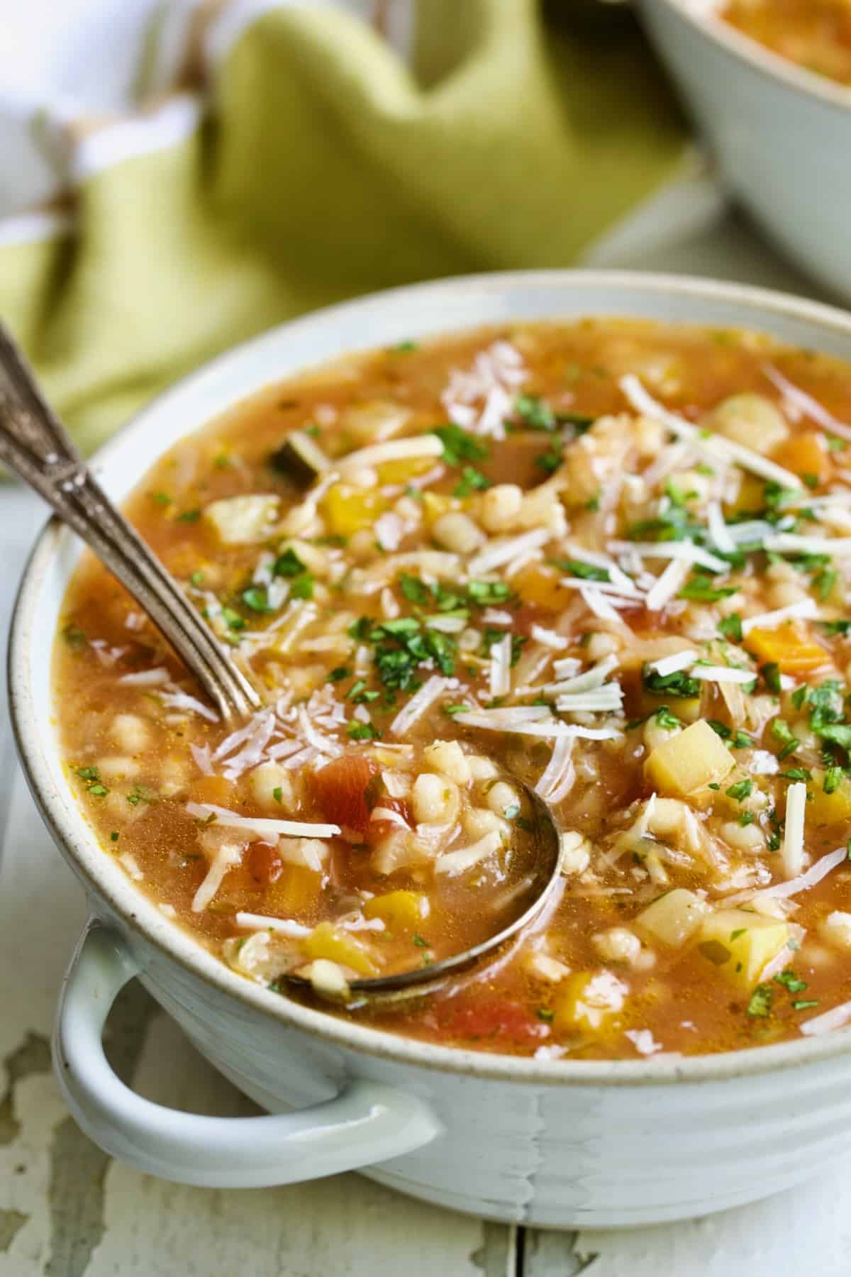 Bowl of Vegetable Barley Soup.