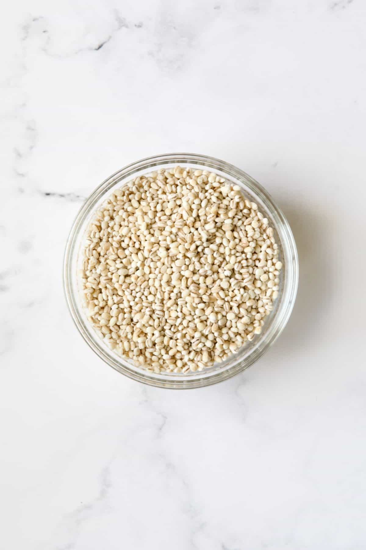 Bowl of uncooked pearl barley.