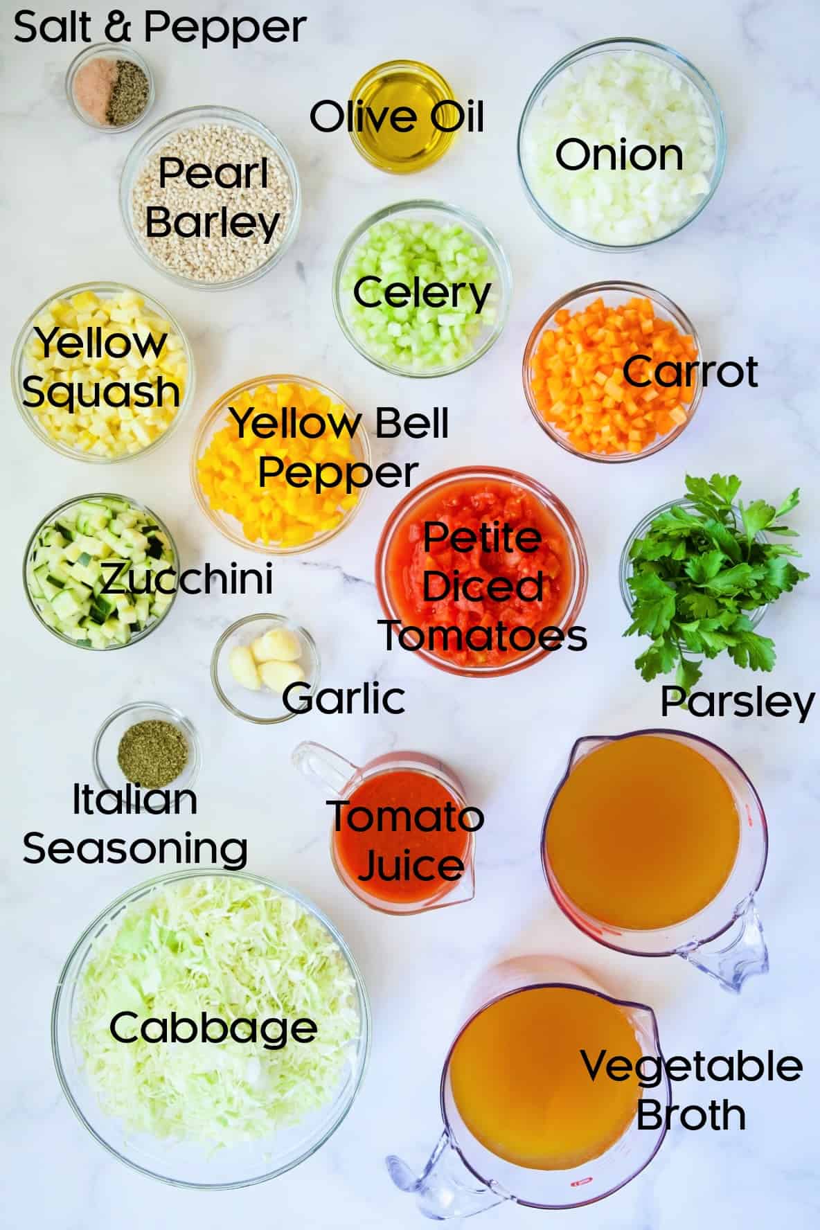 Ingredients for Vegetable Barley Salad in glass bowls.