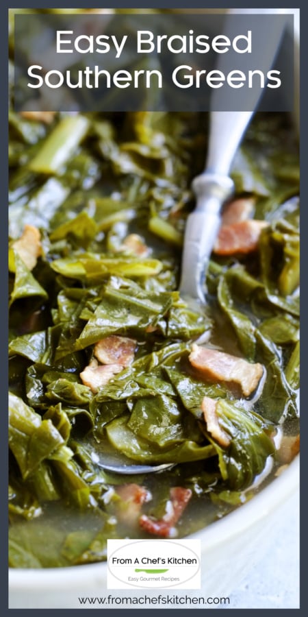 Easy Braised Southern Greens in white bowl with serving spoon.