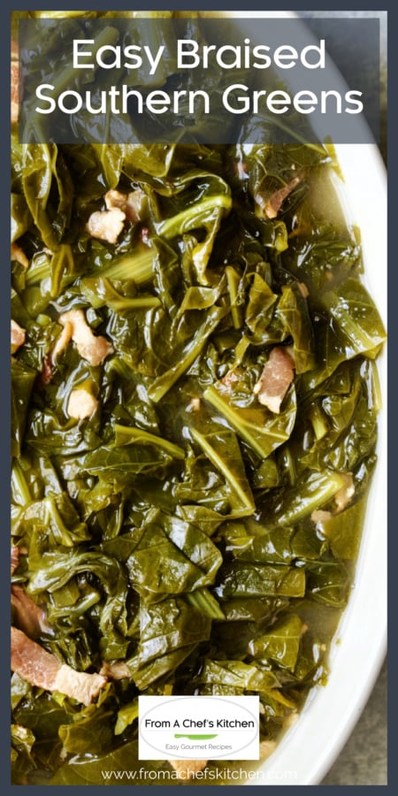 Easy Braised Southern Greens in white oval serving bowl.