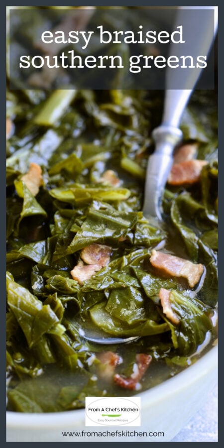 Easy Braised Southern Greens in bowl with serving spoon.