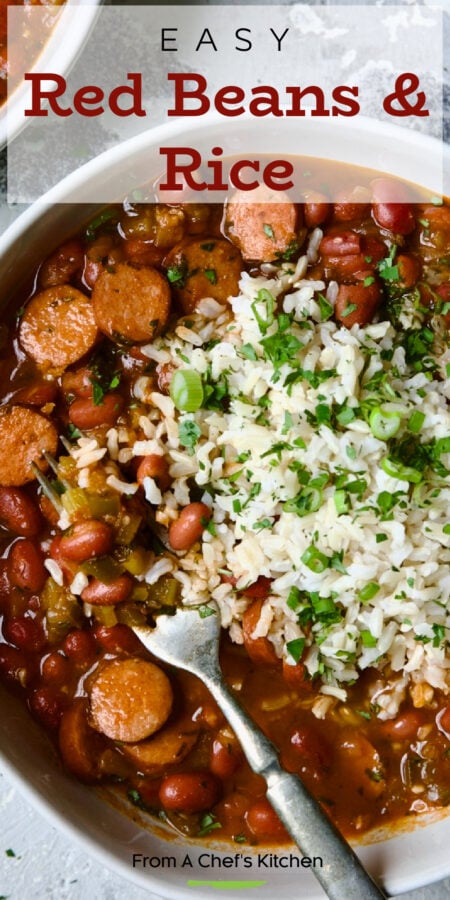 Pinterest graphic for Easy Red Beans and Rice showing one serving in a white bowl.