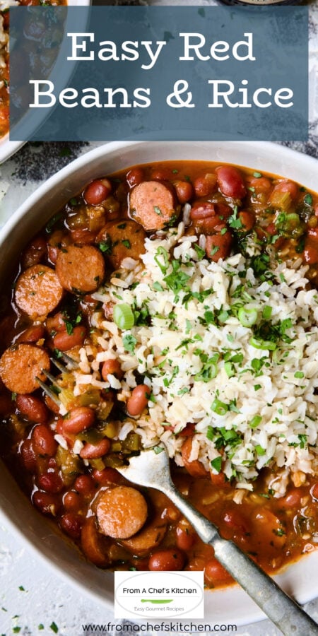 Pinterest graphic for Easy Red Beans and Rice showing one serving in a white bowl.