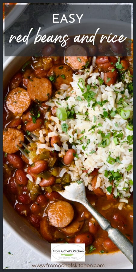 Easy Red Beans and Rice in bowl with fork.