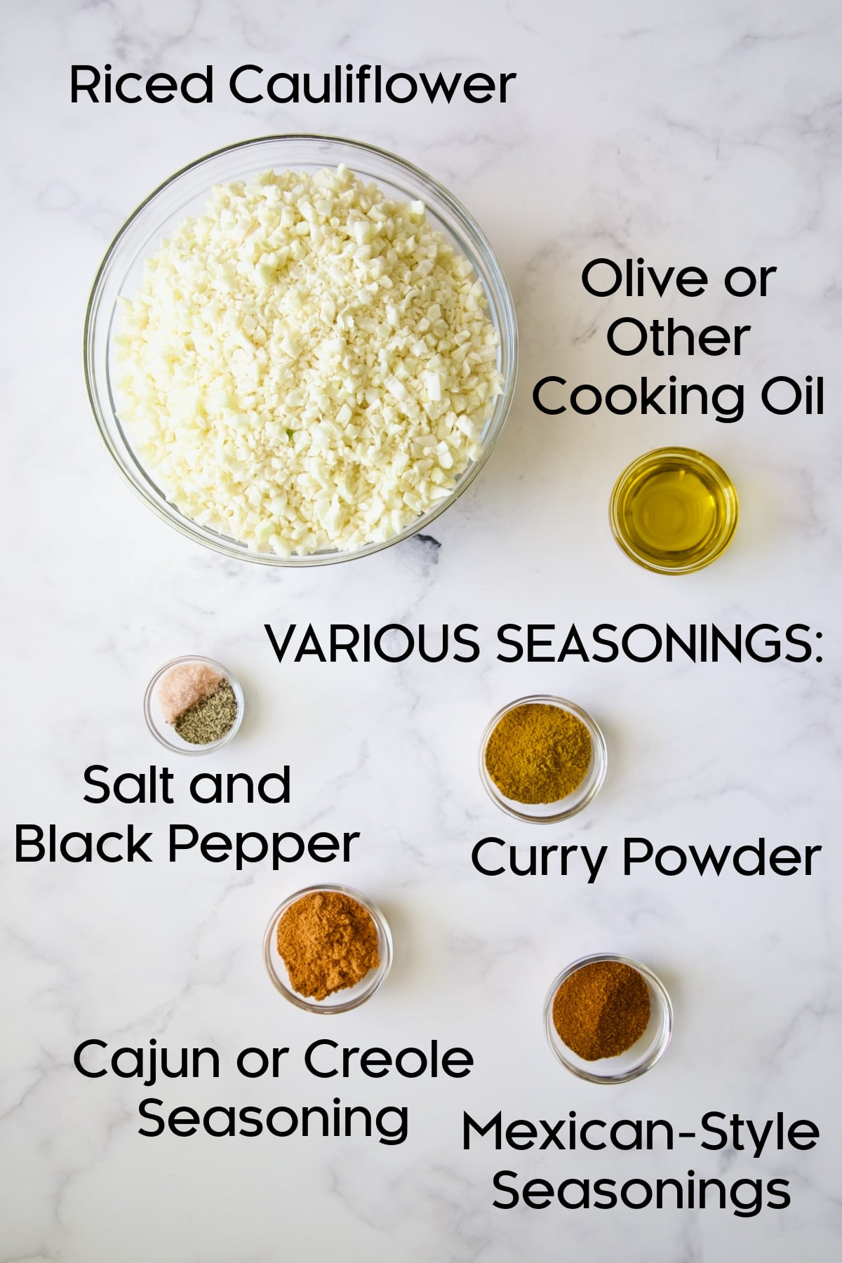 Ingredients for seasoned cauliflower rice.