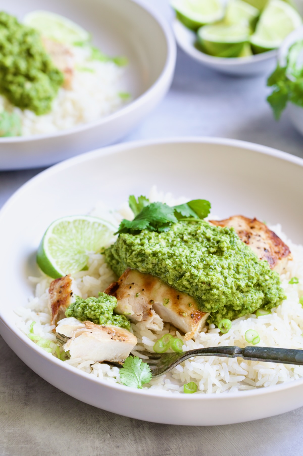Mahi-Mahi with Cilantro - Ginger Pesto in white bowl with a piece cut off with a fork.