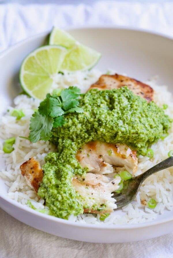Piece of Mahi-Mahi with Cilantro - Ginger Pesto on a fork.