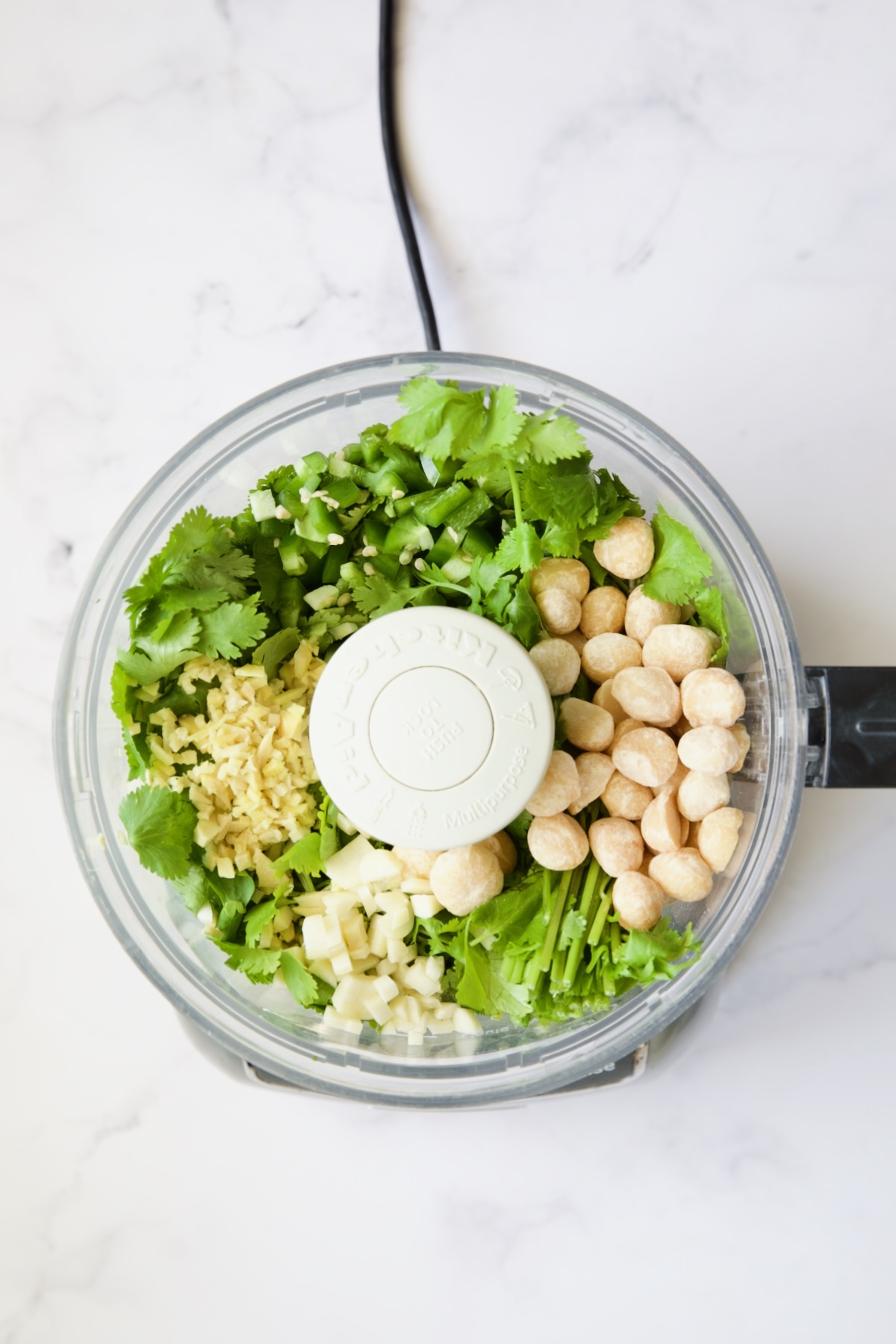 Ingredients for Cilantro - Ginger Pesto in food processor before being pureed.