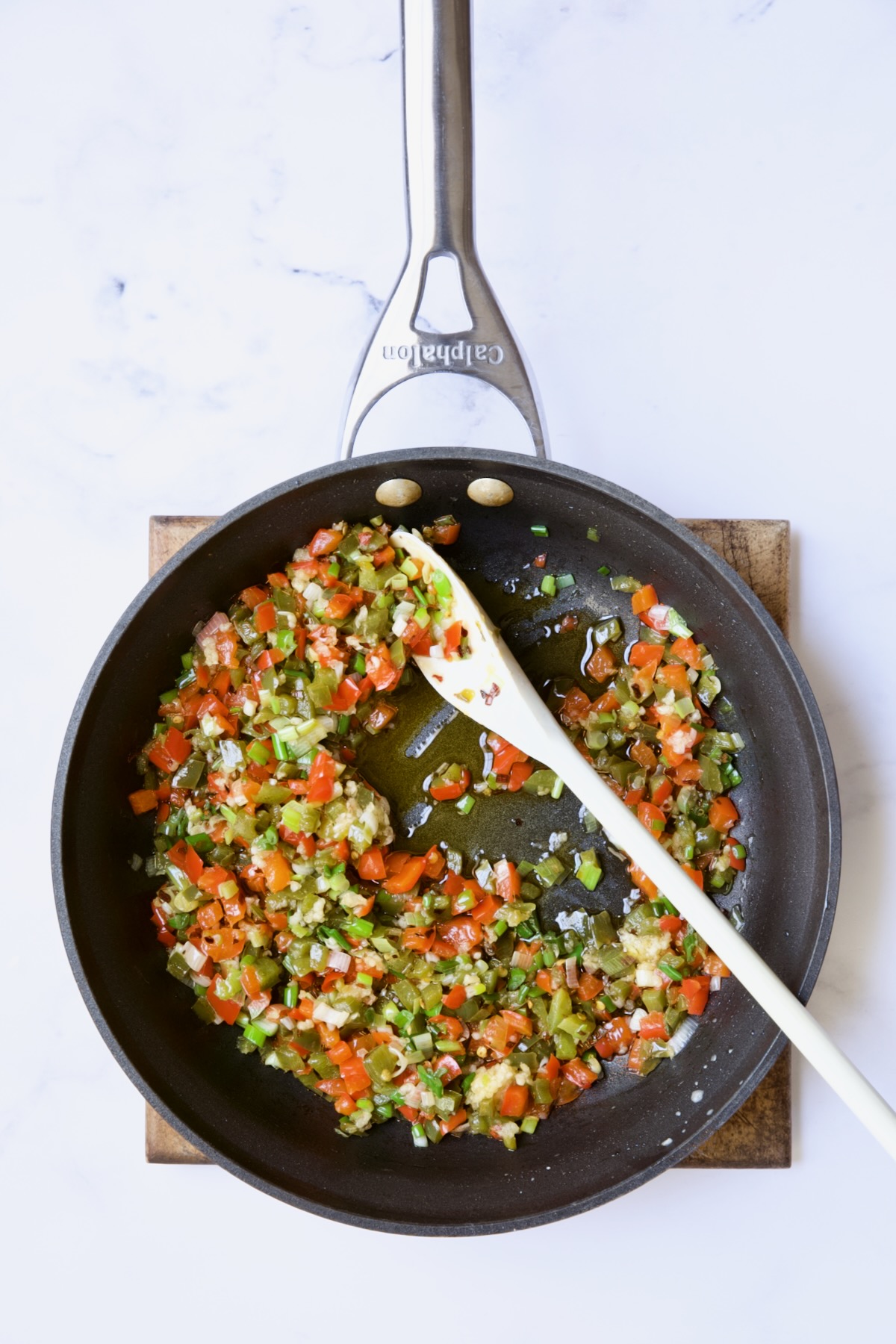 Sauteed bell peppers in nonstick skillet.