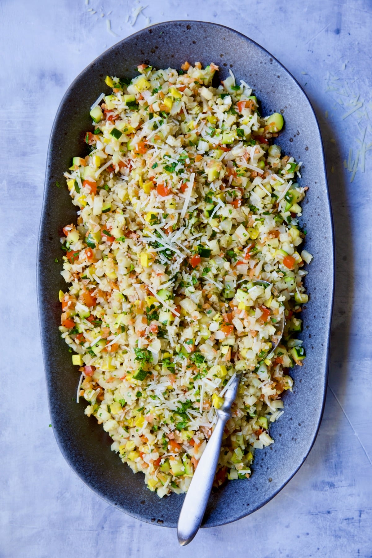 Platter of Garlic Parmesan Roasted Vegetable Rice.