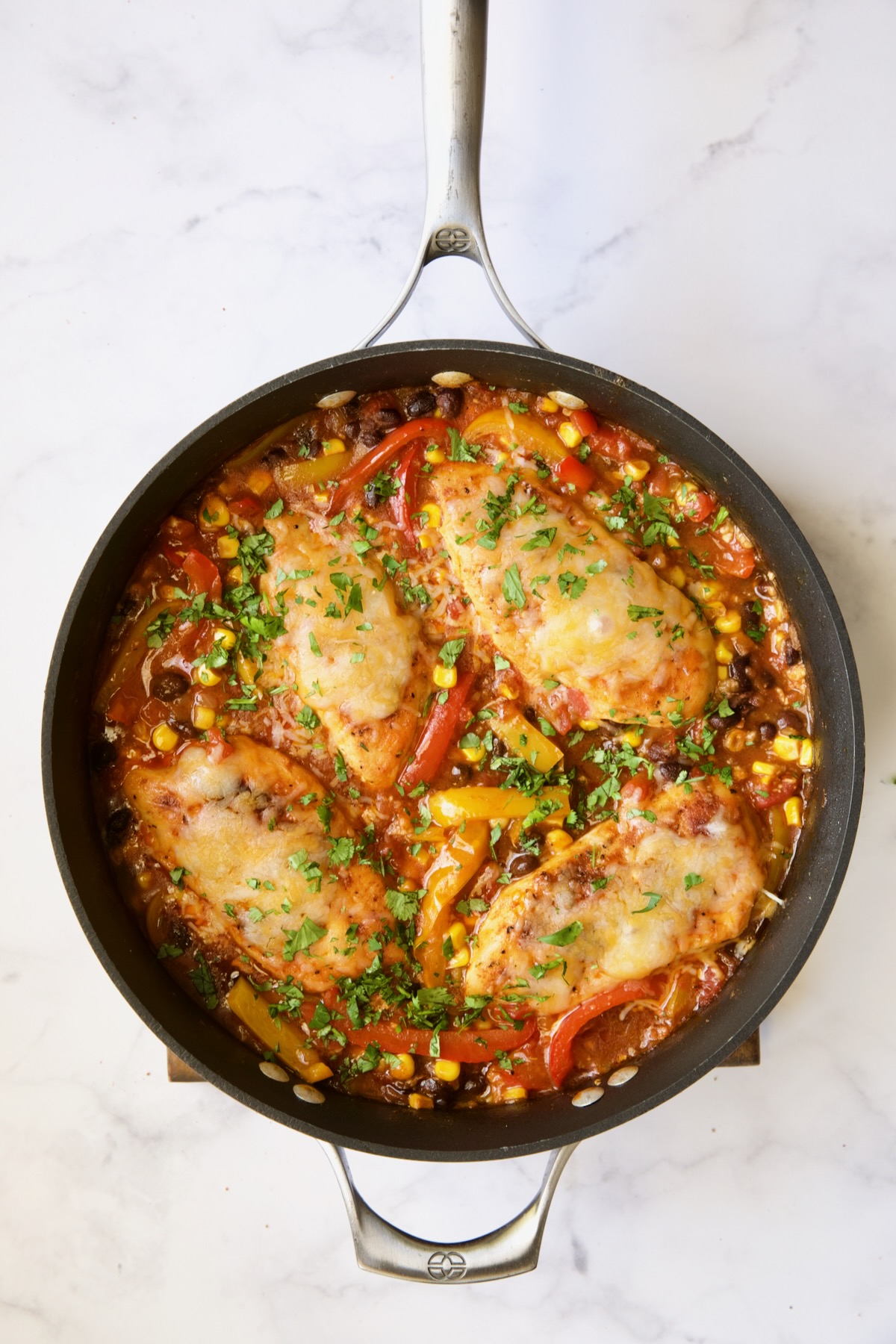 Four cheese-covered chicken breasts with other ingredients garnished with cilantro in skillet.