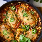 Finished Southwestern Chicken Skillet on wood trivet.