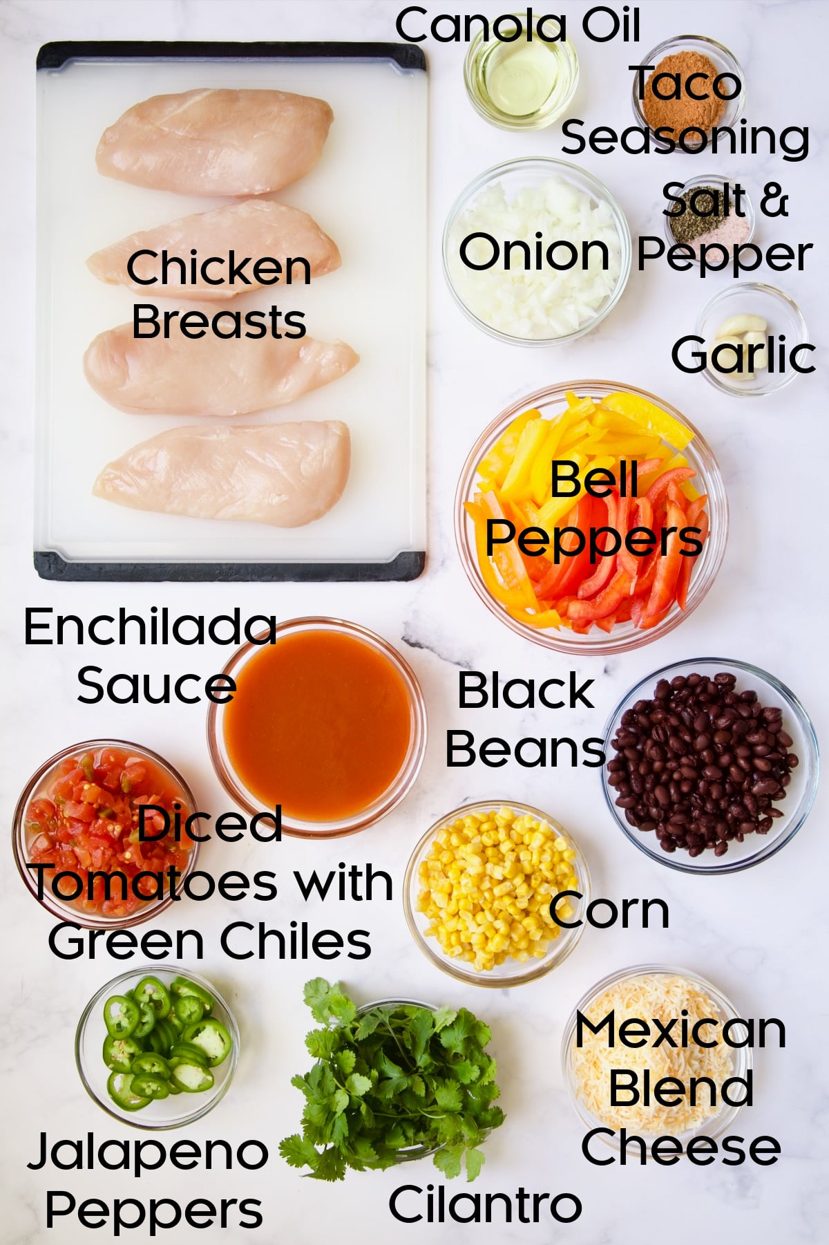Ingredients for Southwestern Chicken Skillet in glass bowls.