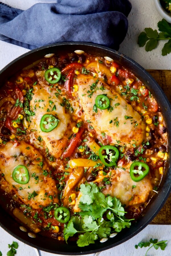 Finished Southwestern Chicken Skillet on wood trivet.