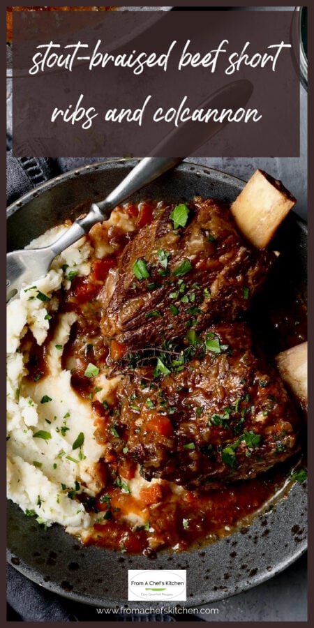 Beef short ribs in gray bowl.