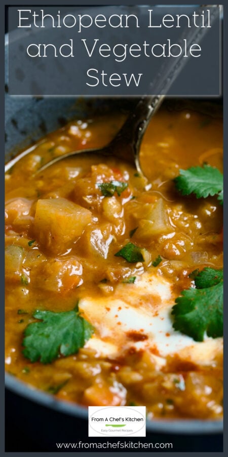 Ethiopian Lentil and Vegetable Stew in gray bowl.