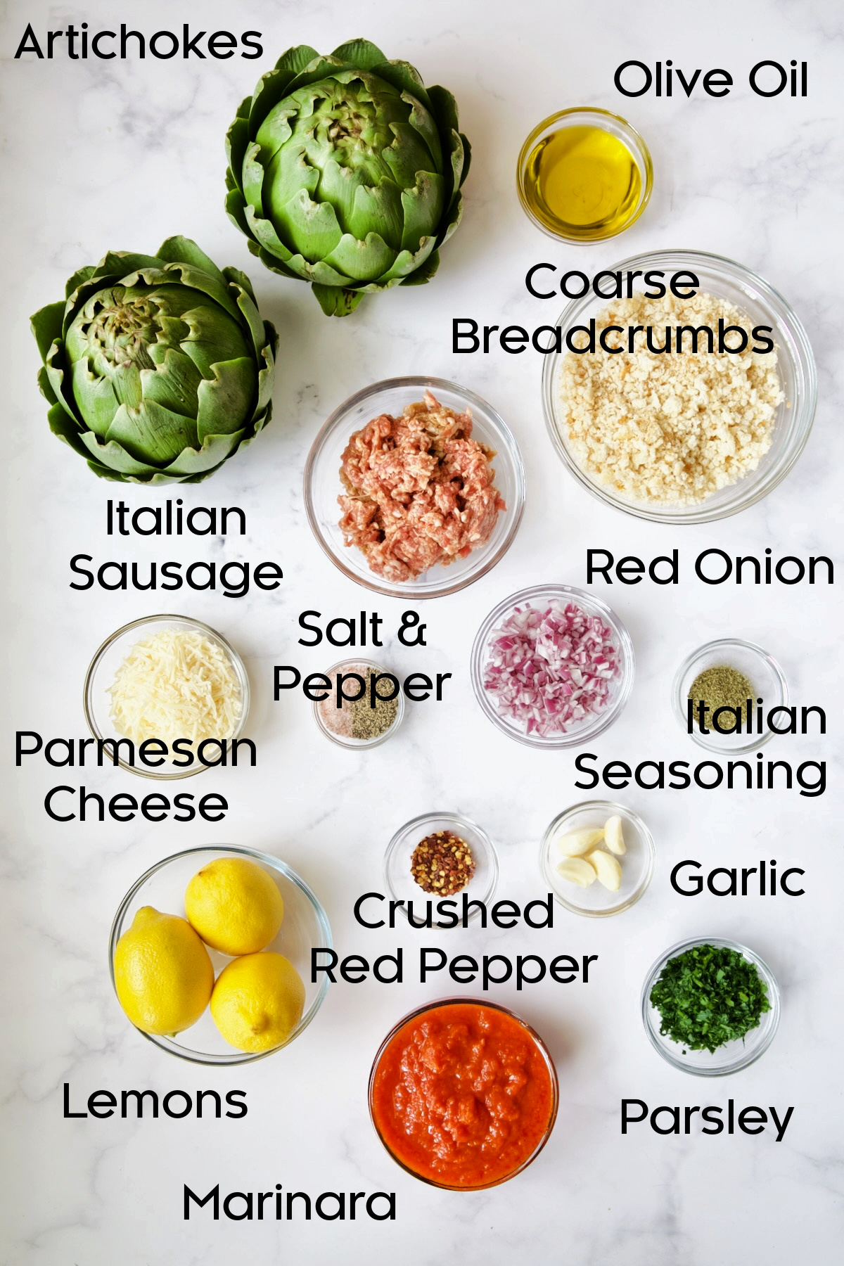 Ingredients for Italian-Stuffed Artichokes in glass bowls.