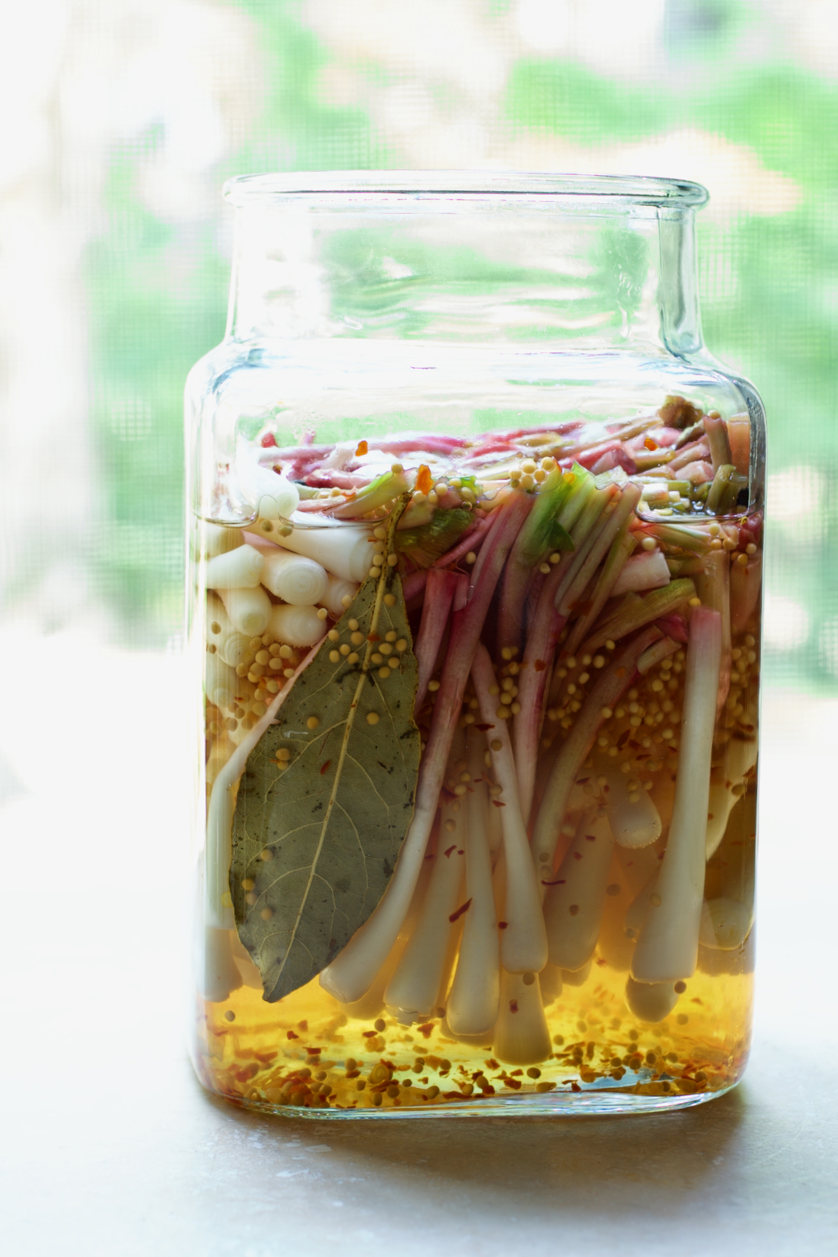 Pickled ramps in glass jar.