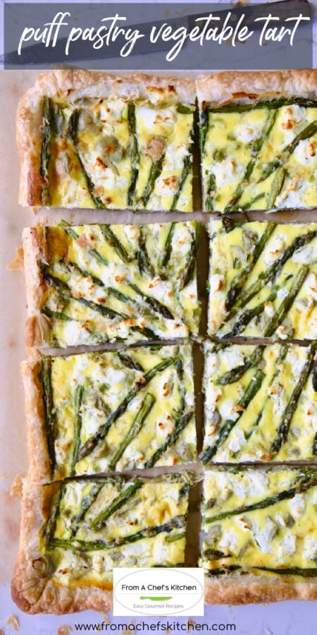 Pinterest graphic for Puff Pastry Vegetable Tart showing it cut into eight rectangular pieces.