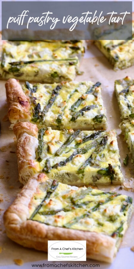 Pinterest graphic for Puff Pastry Vegetable Tart showing four pieces.